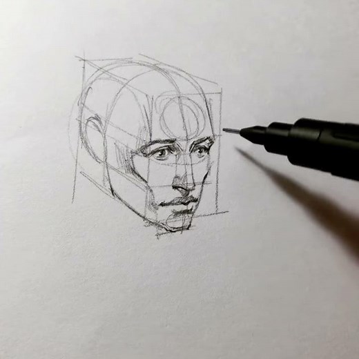 Drawing portrait using box, head tilted down