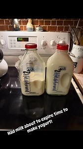 My milk was about to hit the expiration so I made some yogurt! You heat the milk up on the stove to about 180 F then take it off the heat and let it cool to about 115 F. Add in 1/4 to half cup of PLAIN yogurt, make sure it says active live cultures if you get it from the store. After you’ve made yogurt just save a bit out of yours! Stir in well and cover for ten to twelve hours then add whatever flavors you’d like and put in the fridge! I made homemade granola for mine! #knowwhatsinyourfood #coo