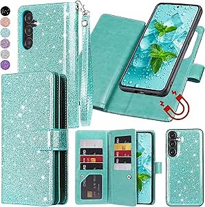 Varikke for Galaxy S24 FE Wallet Case Detachable with Card Holder for Women, Fashion PU Glitter Leather Strap Magnetic Flip Wallet Removable Phone Case Cover for Samsung Galaxy S24 FE 6.7", Mint Green