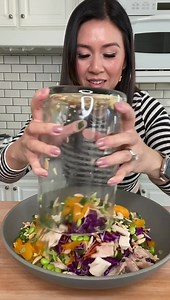 Save my Chinese Chicken Salad Recipe! The salad ingredients are lettuce, purple cabbage, shredded carrots, chicken, edamame, mandarin oranges, green onions and slivered almonds. The peanut dressing was 3 tbsp sesame oil, 1 tbsp rice vinegar, 1 tbsp honey, 1 tbsp soy sauce and 1 1/2 tbsp of peanut butter. #chinesechickensalad #chickensalad #saladrecipe | My Healthy Dish