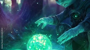 Aqua skinned alien with single antenna and webbed feet interacting with glowing orbs in a high tech playground Stock Video