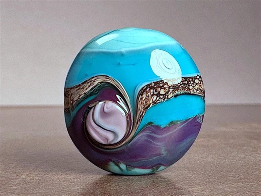 Lampwork Art Glass Focal Bead Lentil in Turquoise Blue, Aqua & Silvered Ivory Stripes for Jewelry Designs - Etsy
