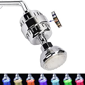 SEANADO LED Shower Head Color Changing and Hard Water Filter, 7 Color Flash Light Automatically Changing, 15 Stage Shower Filter Removes Chlorine & Harmful Substances, Water Softener (TS320)