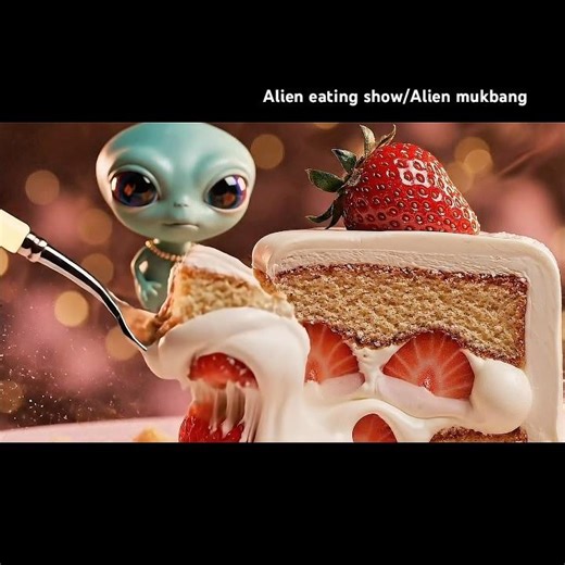 Alien Eats Strawberry Cake👽🍰✨