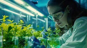 Scientist examining plants in a laboratory