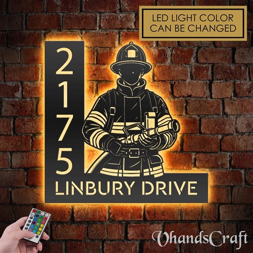 Personalized Firefighter Address Sign With LED Lights - Custom Metal House Number Plaque - Etsy
