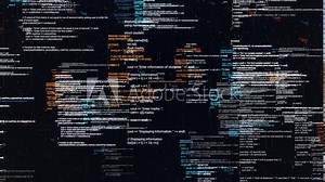 Abstract computer code running in a virtual space. Animation. Programming code with moving lines isolated on black sreen background, seamless loop.