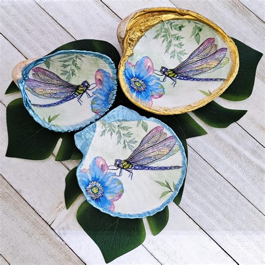 Decoupage Seashell Trinket Dish, Dragonfly Floral Shell Art - Etsy