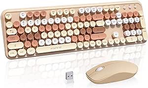 Cute Retro Wireless Keyboard and Mouse Combo with Round Key, 2.4Ghz Dropout-Free Connection, Typewriter Wireless Keyboard and Mouse Set for PC, Laptop, Desktop Computer - Brown Colorful
