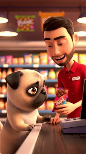 Pug shopping and buy candy