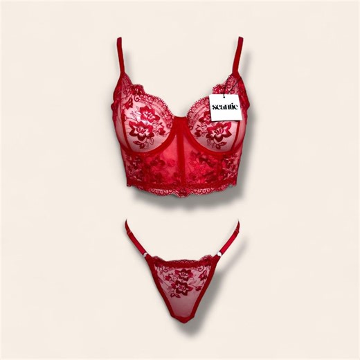 Red Lace Floral Bustier Set, Gift for Her, Sexy Gift, Lingerie Set - Etsy