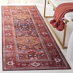 SAFAVIEH Washable Rug Tucson Collection - 2'6" x 20' Runner, Navy & Rust, Slip Resistant & Easy to Clean, Ideal for Living Room, Hallway, Foyer, Entryway, Bedroom (TSN127N)