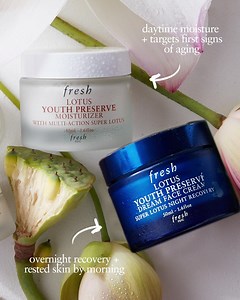 Meet the Lotus dream team. Two hydrating creams with skincare benefits that are as different as night and day 😉 ☀️Lotus Moisturiser: wear during the day to target first signs of ageing prep skin for makeup 🌙Lotus Dream Cream: wear while you 💤 for antioxidant protection overnight recovery for stressed skin | Fresh