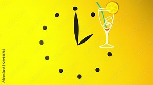 Clock watch ticker coffee time to drink cocktail stop motion animation animated cartoon yellow background paper art craft for your logo brand commercial advertisement restaurant colorful morning party