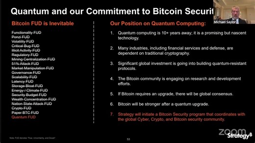 SAYLOR JUST KILLED QUANTUM FUD Michael Saylor says Strategy is launching a #Bitcoin security program to coordinate with the global cyber, crypto, and $BTC security community. Key points he made: ⚡ Quantum computing is 10 years away ⚡ The world already relies on the same cryptography Bitcoin uses ⚡ If Bitcoin ever needs an upgrade, it happens via global consensus Bitcoiners keep building through the noise. 💯 | Cryptos R Us