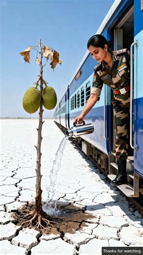 Lady Soldier saved the jack f ruit treefrom drying up by seeing water 😭#ai#tree #save #watering