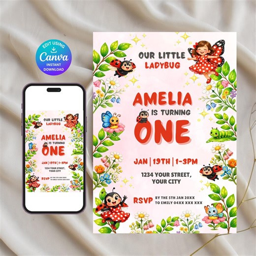 Ladybug 1st Birthday Invitation Girl, Little Ladybird Party Invite, Floral Garden First Bday, INSTANT Editable Canva Template, 5x7 - S782 - Etsy
