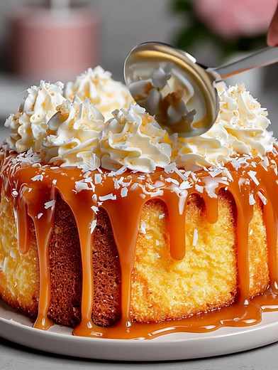 34K views · 299 reactions | Caramel Cascade Whipped Milk Cake An ultra-soft, moist milk-soaked cake drenched in warm caramel and topped with clouds of whipped cream. Yield: 8–10 slices Temp: Bake at 350°F (175°C) Time: 45 minutes + cooling Key Ingredients First: Yellow cake batter ................................. Full Recipe in First Cօʍʍеոτ  | Healthycutmeals by Claire | Facebook