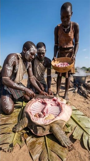 Insane! Karo Butchering Giant Softshell Turtle 😱🔪 #tribalcooking #shorts
