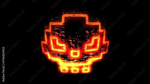 Pixel art style human skull symbol with fire animation and subtle distortions and glitches