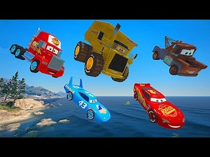 Disney Pixar Cars fall into the water: Lightning McQueen, The King, Tow Truck Mater, Mack, Colossus