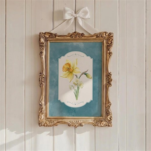 March Birth Flower Wall Art | Daffodil & Jonquil Printable | Rebirth Renewal Floral Art | Blue Botanical | Digital Download - Etsy