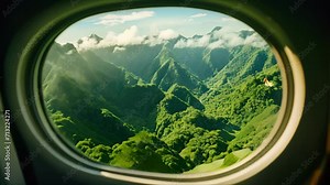 The private jet window reveals a majestic view of the rainforest, as though a painting has come to life. The lush greenery and winding rivers create a serene and captivating scene.