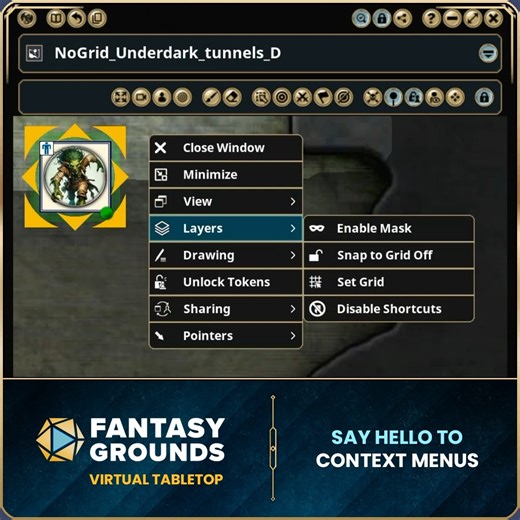 📢Check out new UI improvements for Fantasy Grounds VTT! 💻 Welcome the new context menus, as well as updated visuals for movement paths, a new token movement queue feature, window sizing tweaks, and NPC portraits that appear in chat when you speak as an NPC. | Fantasy Grounds