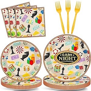 Qyeahkj 100 Pcs Game Night Party Decorations for Family Game Night Plates and Napkins Casino Video Game Paper Dinnerware Table Supplies Disposable Gamer Theme Birthday Party Tableware Decor Serves 25