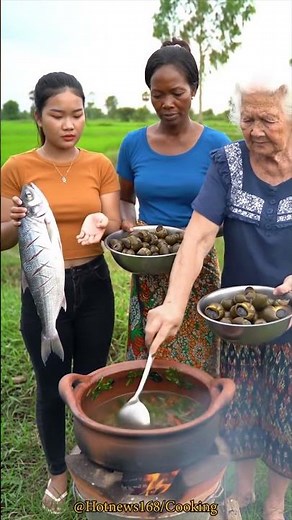Three Women Cooking Outdoors – Fish & Snail Countryside Scene #chefsteps