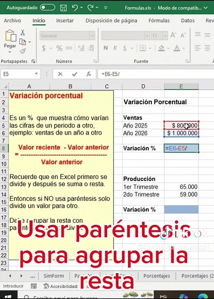 Fórmulas de Excel para Calcular Variación Porcentual