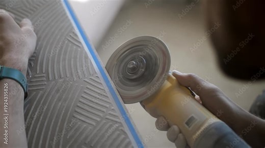 Craftsman making bevel cut on ceramic tile with angle grinder. Tile resting on sawhorses during renovation work.