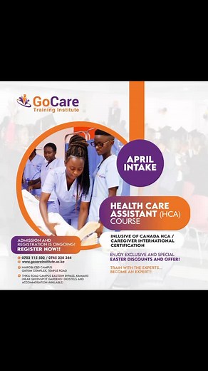 Launch your career in healthcare with GoCare Training Institute. Join our Health Care Assistant (HCA) / Caregiver Course and gain the skills you need to succeed in the health sector. Entry requirement: KCSE Mean Grade D- and above Duration: 4 months (2 months theory 2 months hospital attachment) Includes international certification recognized in Canada Enjoy special Easter discounts Campuses: Nairobi CBD - Gatkim Complex, Temple Road Thika Road - Kamakis, Eastern Bypass (hostels available) Call 