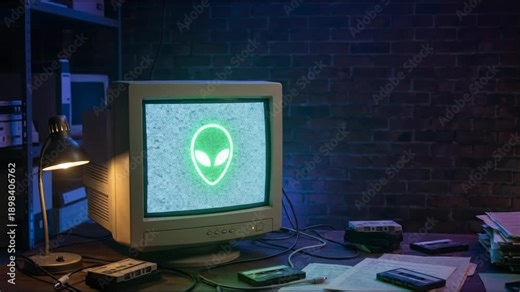 Old computer monitor displaying alien head symbol with static screen on a retro desk. Retrowave nostalgia and vintage technology