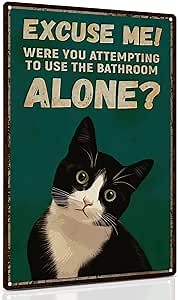 ALKB Funny Tuxedo Cat Metal Signs Black Cat Metal Poster Tuxedo Cat Lover Gift Vintage Bathroom Wall Decor 8 x 12 Inch