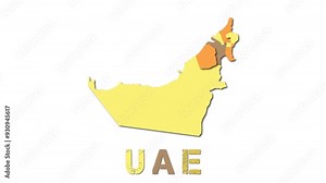 UAE map with paper regions. Animated country map growing from regions and title letters falling down. Charming 4k animation.