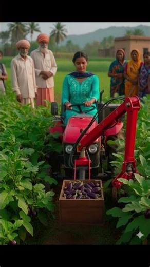#Modern Farming Woman Driving Mini Tractor to Harvest Fresh Brinjals #farming
