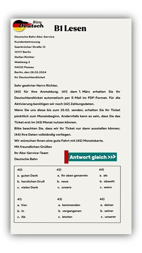 #shorts Deutsch B1 Leseteil Grammatik | B1 Prüfung , Lückentext Schreiben | #german B1 Reading Exam