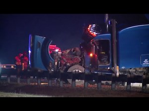 Crash involving rolled-over semi-trailer shuts down northbound I-35 near Purcell