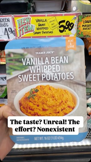 New and seasonal! These Vanilla Bean Whipped Sweet Potatoes are seriously delicious. Made with sweet potatoes, heavy cream, brown sugar, nutmeg, and real vanilla bean — they’re fluffy, rich, and perfectly balanced between sweet and savory. Just heat and serve, and you’ve got a side dish that tastes totally homemade (without all the work). Perfect for Thanksgiving or any cozy fall dinner! Would you bring this to your holiday table? #traderjoes #traderjoeslist #traderjoesfinds #foodreview #traderj