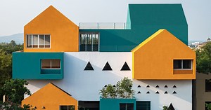 projected cantilevers and recessed windows in vibrant hues shape school in india