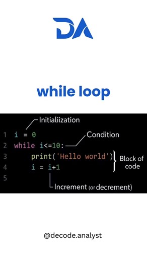 Decode Analyst on Instagram: "🐍 Python While Loop Video Description (Enhanced) 🔁 Understanding the while loop in Python — Made Simple & Clear! Contact Decode Analyst for Training: 📞 9811973649 🌐 decodeanalyst.in Python while loop, Python basics, Python programming, loops in Python, iteration, coding for beginners, learn programming, Python tutorial, Python for data science, efficient coding #Python #PythonProgramming #CodingBasics #LearnToCode #CodeWithMe #ProgrammingTips #DeveloperLife #Pyt