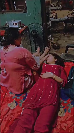 Mysterious Scene with Red Dress and Touching Gesture