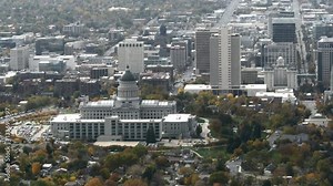 Utah state capitol and the cityscape of the city, filmed from the top of ensign peak, in Salt lake city, Utah, United states of America