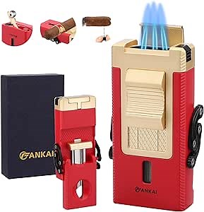 Cigar Lighter, Multi-Tool Torch with Sliding Cigar V Cutter, Punch, Holder, Poker, Butane Lighter Triple Jet Flame, for Men (Christmas Red)