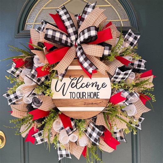 Buffalo Check Farmhouse Wreath Burlap Mesh Farmhouse Door Decor Welcome to Our Home Gift Mesh Wreath With Bead Grass for Front Door - Etsy