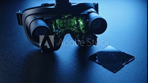 Night vision goggles with internal components illuminated in green.