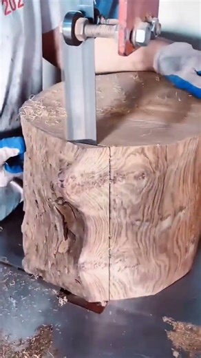 cutting a thick piece of raw wood precisely using a vertical metal band saw #shorts