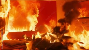 Intense fire blazing inside a room with furniture. Concepts of house fire, disaster, emergency, incendiary scenario.