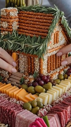 CHEESY CHARCUTERIE CHALET Not a gingerbread house… it’s a cheese ball house, and it’s perfect for your holiday party! #christmastime #charcuterie #appetizer #foodie Ingredients : Spreadable cheese (fresh cheese without rind made from pasteurized cow’s milk!) Pretzel rods for the walls pretzel sticks/rods (walls & roof) White sesame seed for decoration ( walls ) salami & cured meats (folded for border) Cheddar cheese and White cheese slice Olives, grapes, nuts, pickles, rosemary sprigs for decora